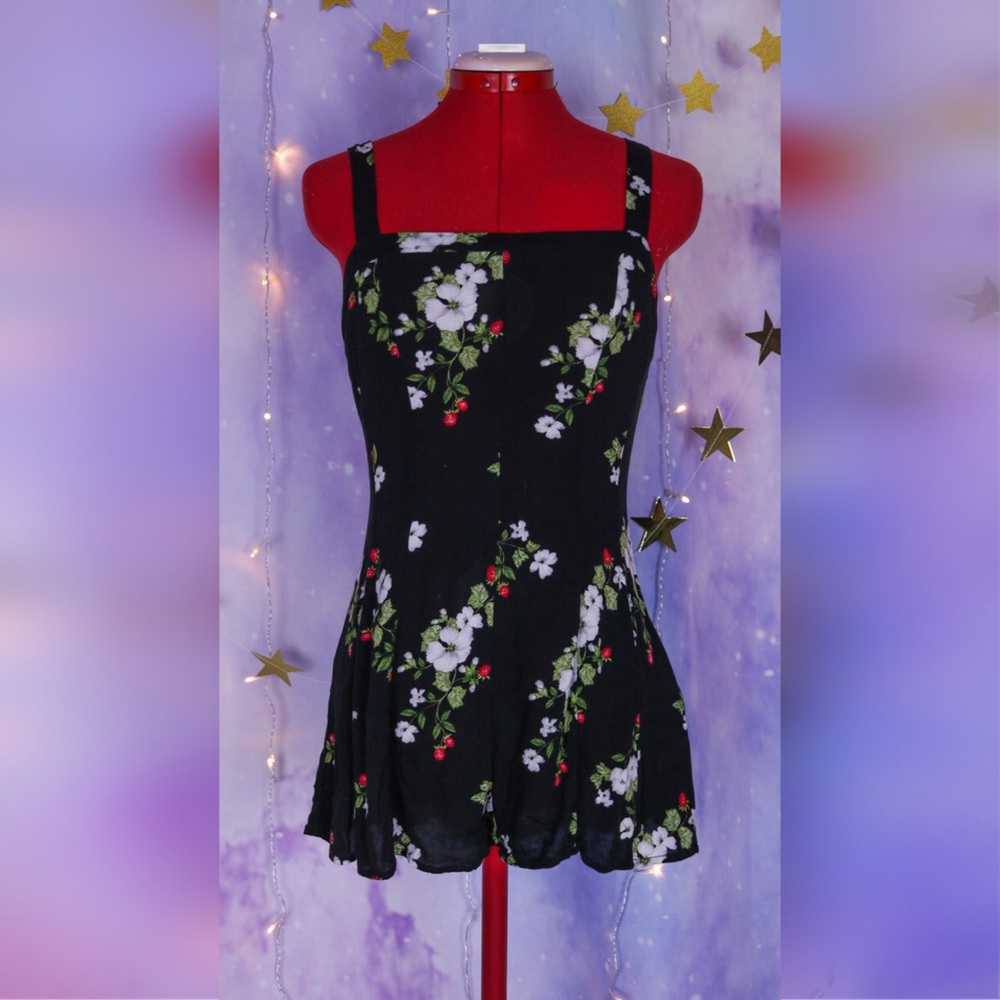 Cute and short black strawberry floral romper